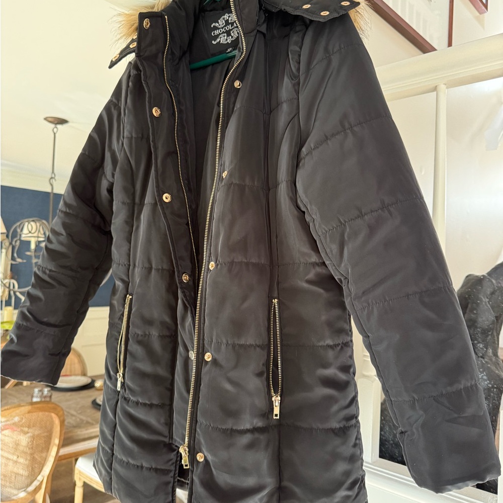 Black Puffer Jacket with Gold Accents and fur hood